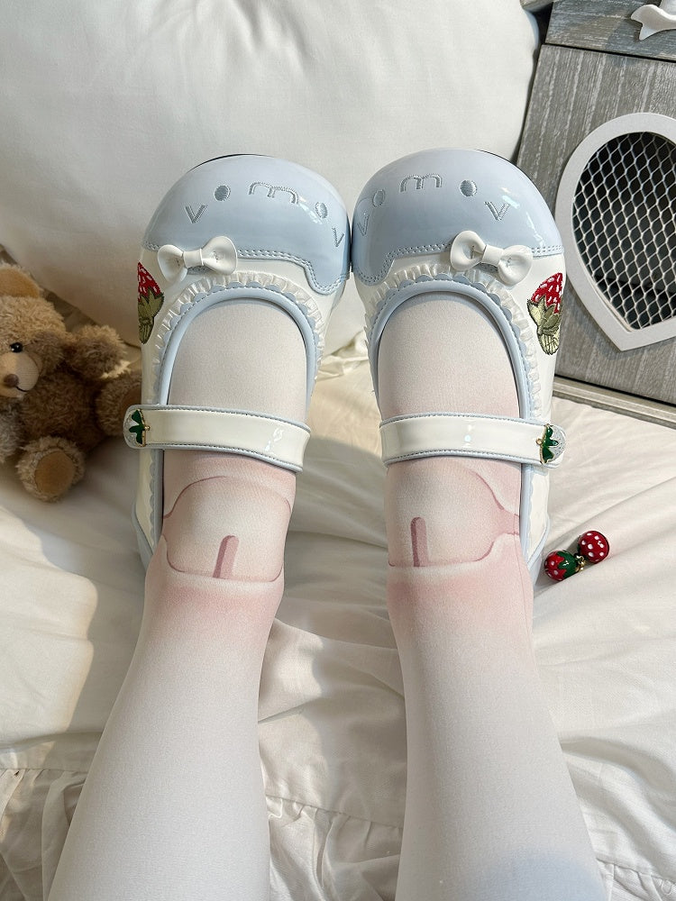 Lolita with Embroidery straps Strawberry Shoes Velcro Sweet Indoor Blue