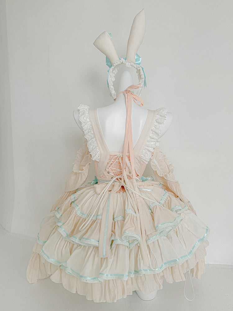 ピンクとミントグリーンのスイートメイドエプロン＋バスクウエストティアードフリルヘムストラップレスパフィードレス