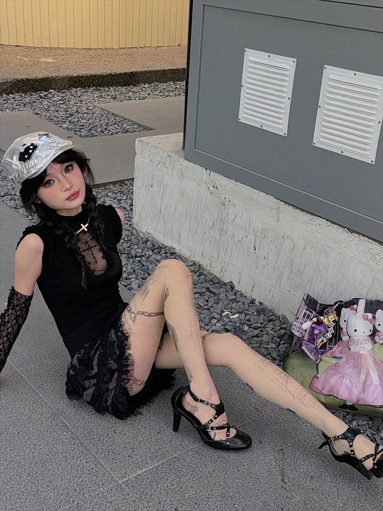 Asymmetrical Grunge Print Tights - Edgy Artistic Tattoo Style, Nude & White