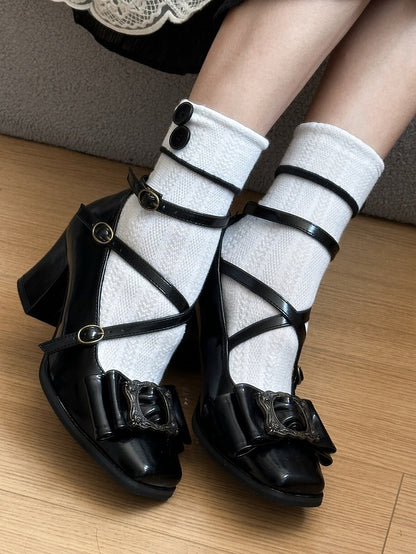 Schleife – PU-Oberteil, mittleres Bild, eleganter Zehenrahmen, Lolita-Vintage-Absätze in Schwarz bei Design Square