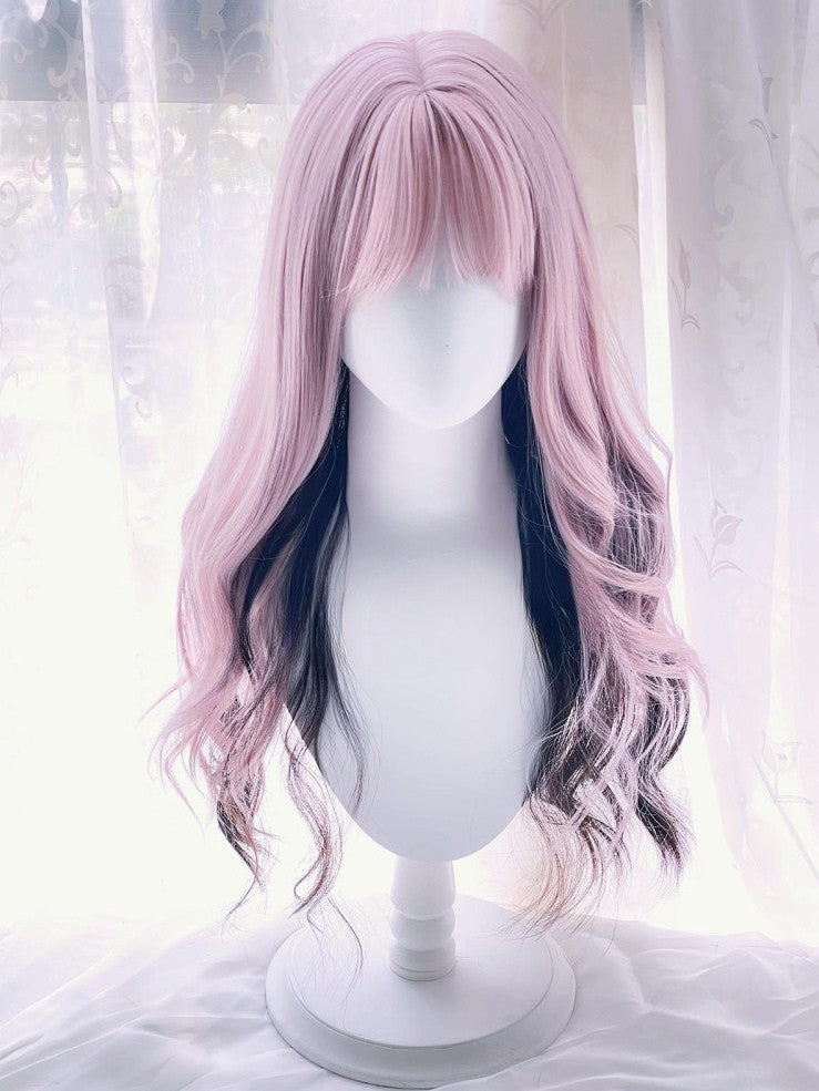 長さ65cm、黒、ピンクウィッグ、エアハイライト、ウェーブ前髪