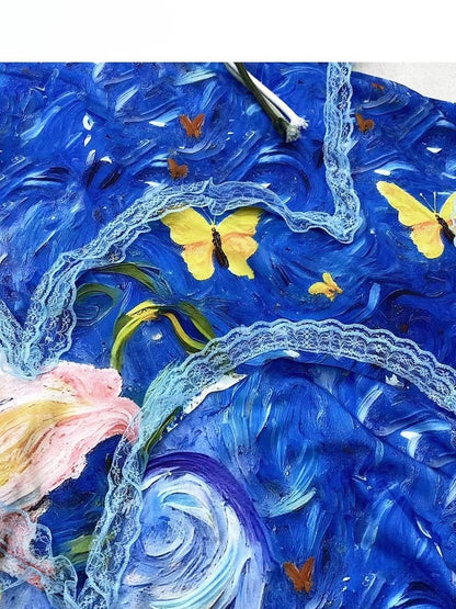 Faux Print Ölblaue Spitze Zweiteiliges Y2K Malkleid