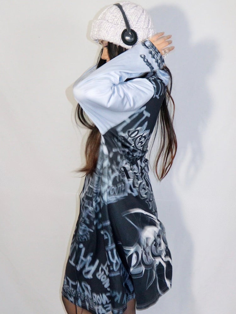 Modedruck Gyaru Kleid Grau Buchstabe