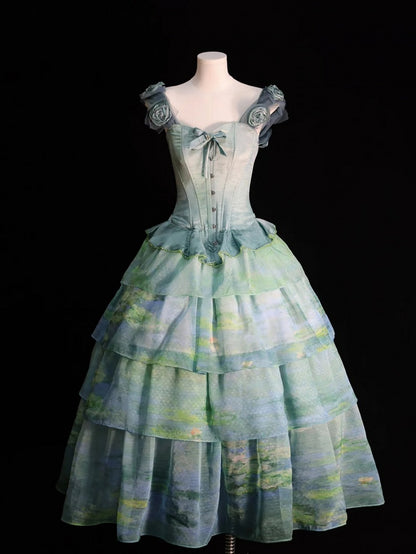 Korsett-Oberteil mit Volant und grünem Saum und abnehmbaren Blumenverzierungen