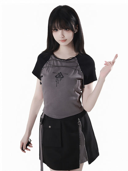 Gray Colorblock Design and Black Techwear T-shirt Lace-up Front