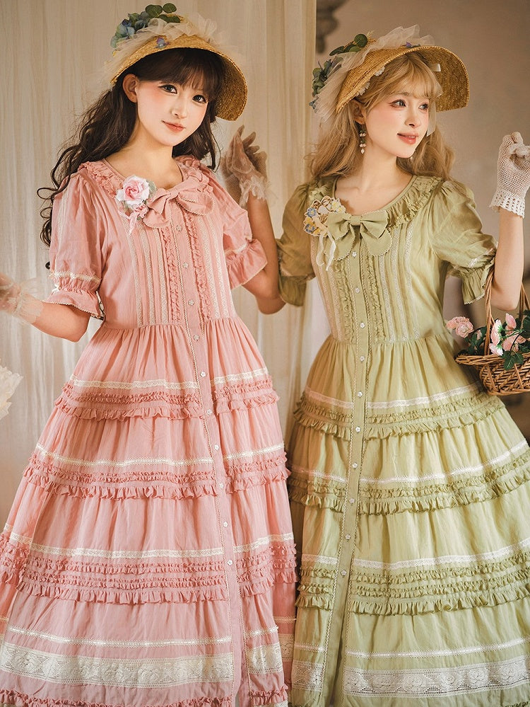 Green Layered Ruffles Elegant Lolita Dress Front Button Placket - Miss Point