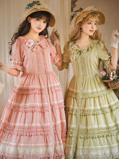 Green Layered Ruffles Elegant Lolita Dress Front Button Placket - Miss Point