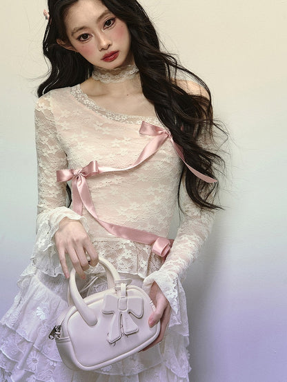 Apricot Ribbon Bow Detail Asymmetrical Neckline Lace Top