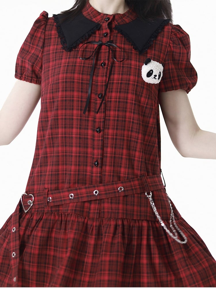 Buckle Plushie and Belt with Panda Red  Black Puff Sleeves Plaid Dress