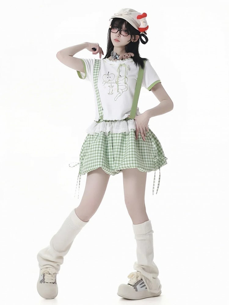 Bubble Shorts Green Plaid Overalls Detachable Straps Shoulder
