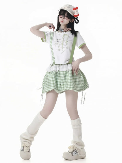 Bubble Shorts Green Plaid Overalls Detachable Straps Shoulder