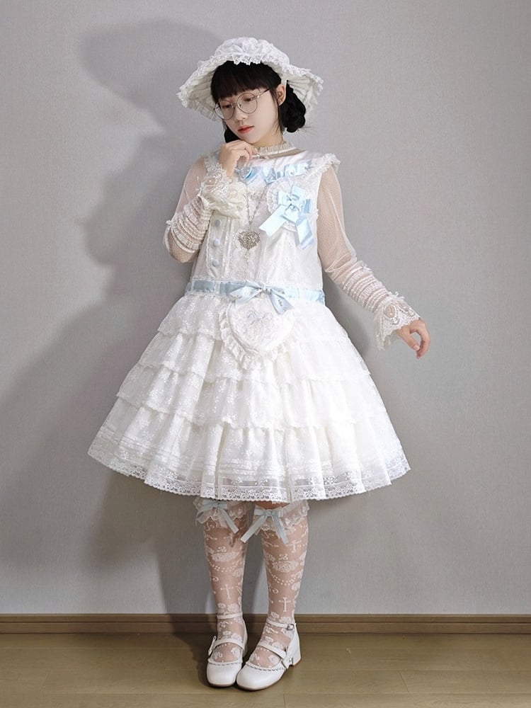 Classic Elegant White Lolita JSK Lace Gown with Heart Waist Pouch - Miss Cube Dressworks