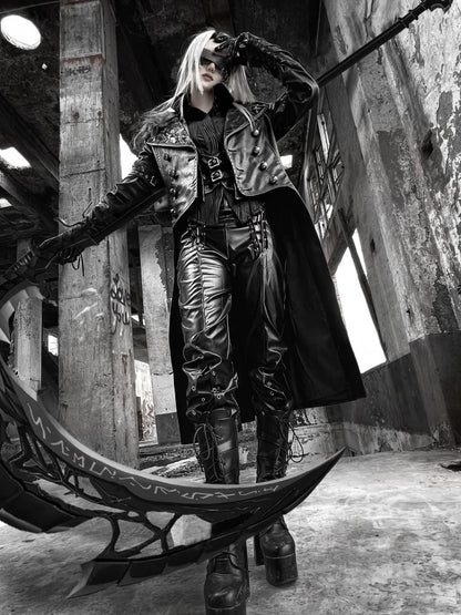 ドラゴンズブレス ブラックフェイクファーカラー PUレザートレンチコート