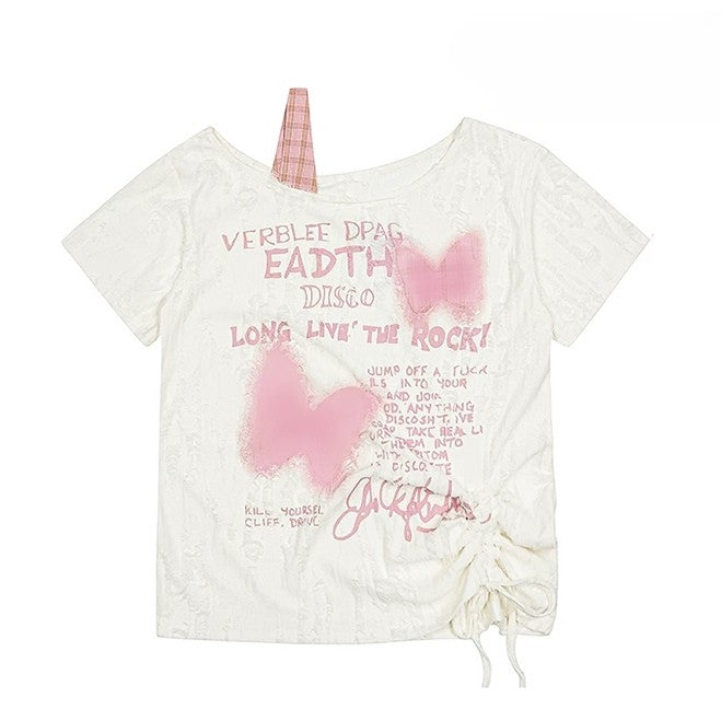 非対称Y2KビタースイートネックラインレターバタフライTシャツオフホワイトとプリント