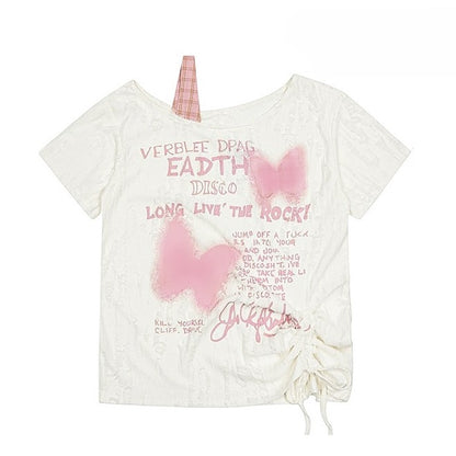 非対称Y2KビタースイートネックラインレターバタフライTシャツオフホワイトとプリント