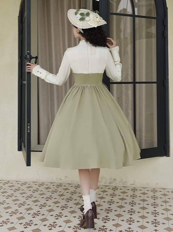 Light Green and Beige Ruffle Neckline Long-Sleeve Spring Classic Lolita Dress Layered-Look