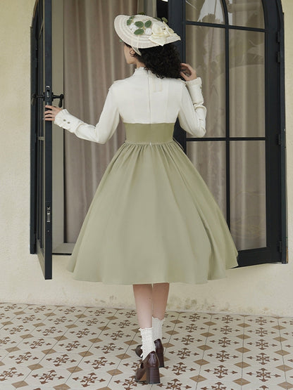 Frühlingsärmel, Rüschenausschnitt, Fake-Lolita-Kleid, Hellgrün, langes Design und klassischer Zweiteiler, Beige