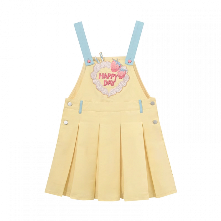 Strawberry Embroidery Yellow Box Pleat Overall Dress Sweet