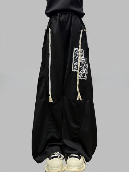 Accessory Applique Wide-leg Strap Pants Black Cut with Hand Y2K