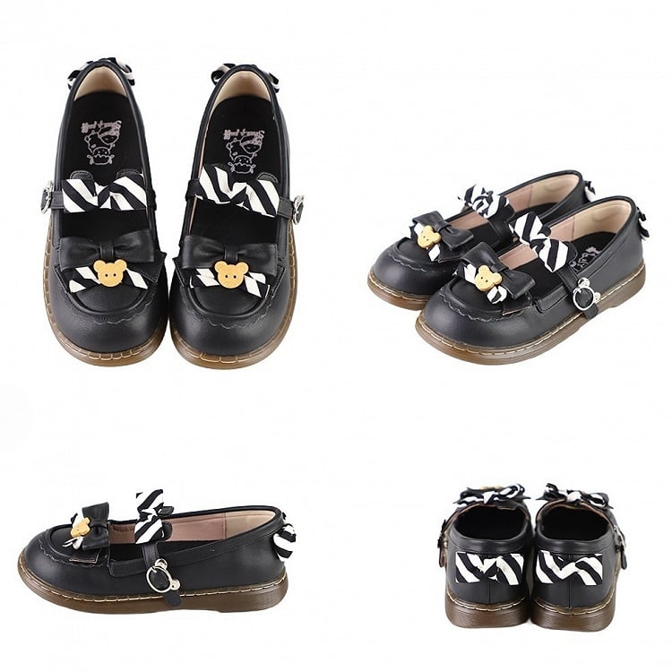 - with Flats Striped 2cm Black Leather Sweet Details PU Decor Bear and Bow Heel