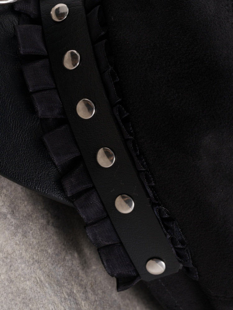 Black Studs Details Beret Gothic Trim Hat Ruffled