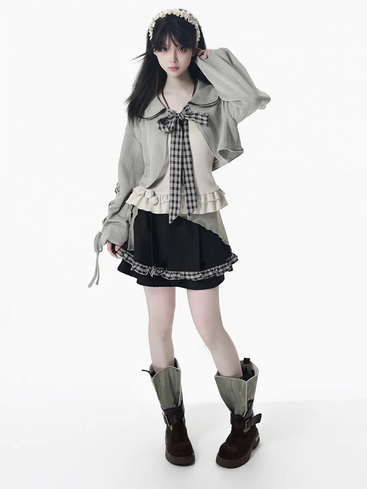 Lace-Up Dusty Set Pan Knit Gray Collar Kei and Cami with Sleeves Beige Peter Cropped Top Mori