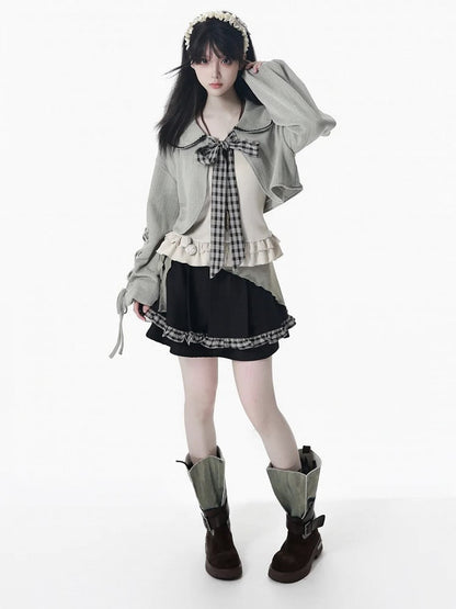 Lace-Up Dusty Set Pan Knit Gray Collar Kei and Cami with Sleeves Beige Peter Cropped Top Mori