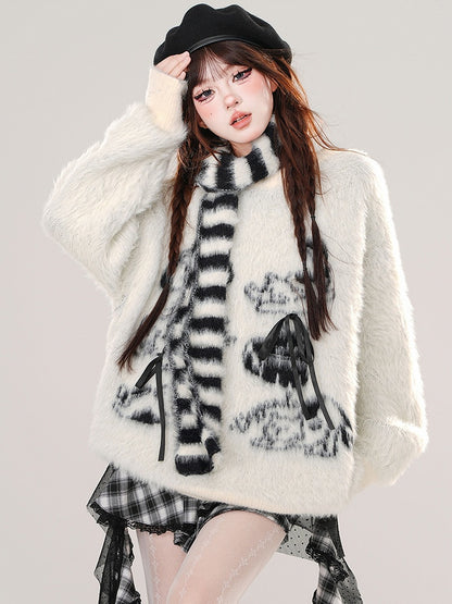 アプリコット/ピンクのキュートな動物のリボンがあしらわれたモヘアセーター（ストライプ柄のスカーフ付き）