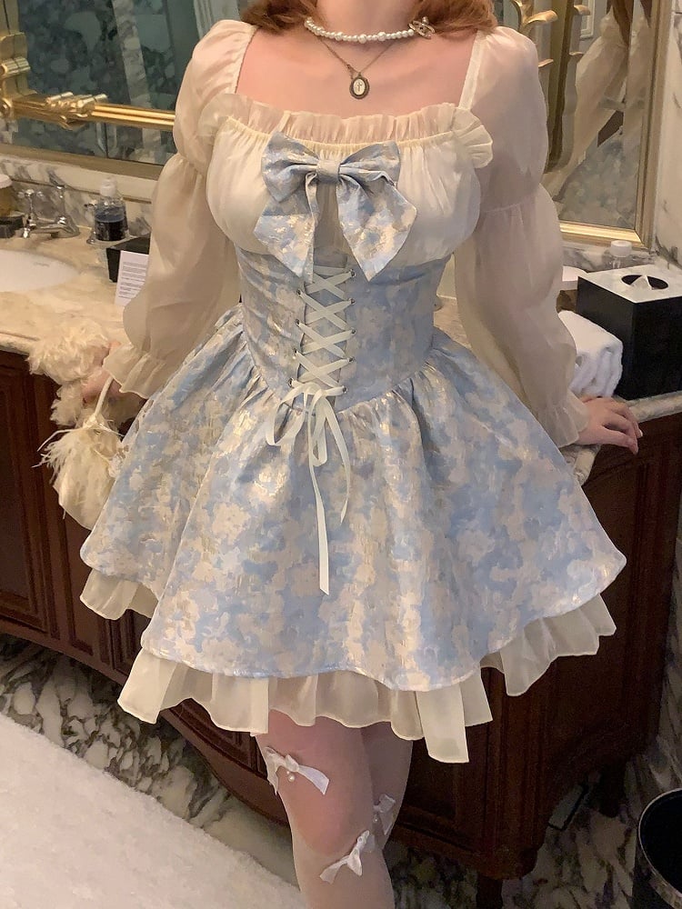 Painting Blue Waist Dress Detail Lace-Up Chiffon Oil with Shimmering Style