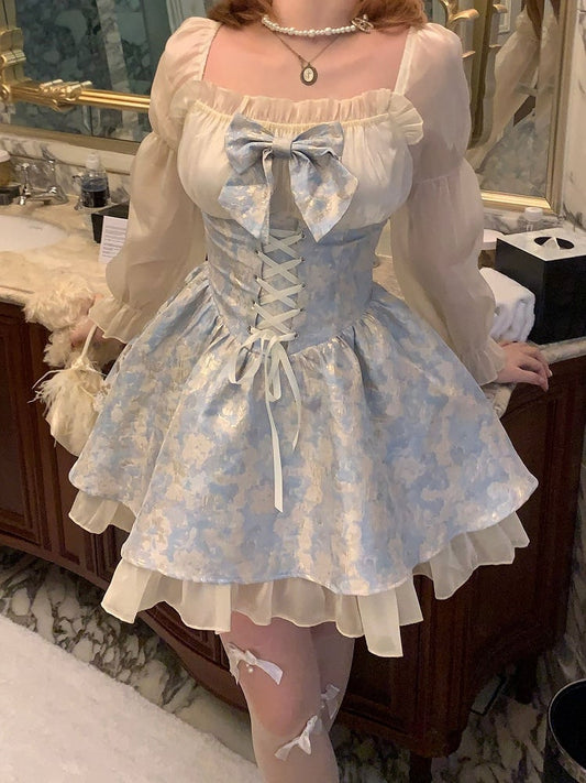 Painting Blue Waist Dress Detail Lace-Up Chiffon Oil with Shimmering Style