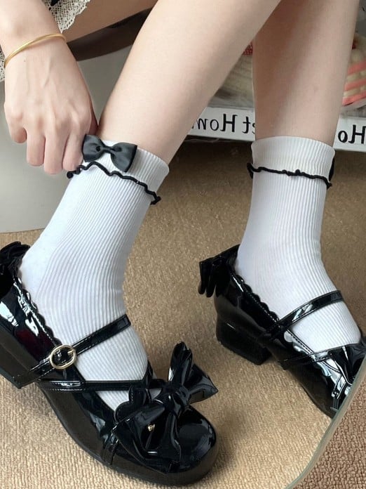 6 Ruffled Contrast Options Trim Ankle Socks Details Color Bowknot