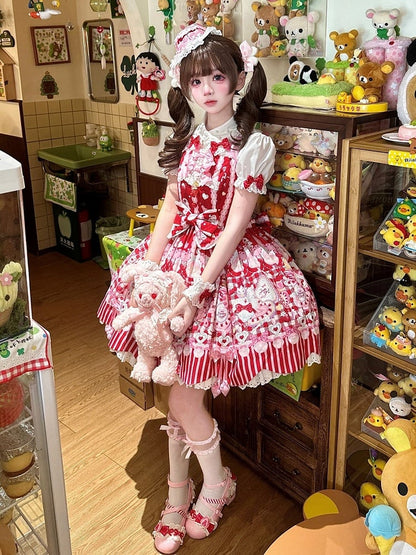 White Short Sleeve Sweet Lolita Ruffled Blouse with Red Polka-Dot Bows - Pastry Chef