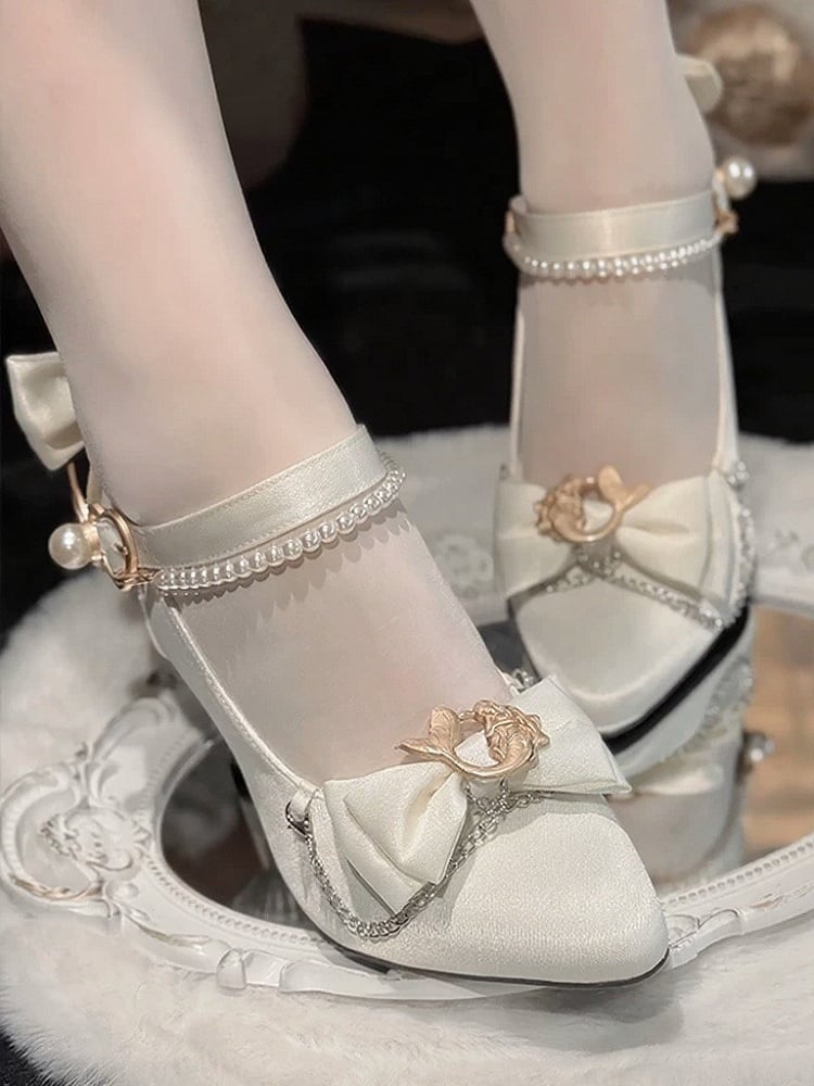 White Mermaid Lolita High 7cm Heels with Pearl Chain & Bowknot - Meng Ka Jiang