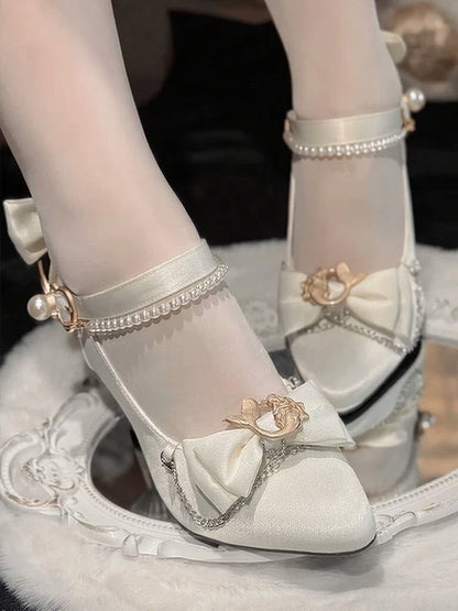 White Mermaid Lolita High 7cm Heels with Pearl Chain & Bowknot - Meng Ka Jiang