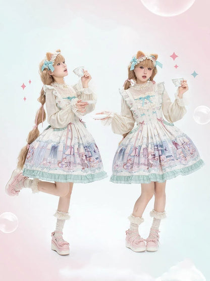 かわいい子猫と緑のリボンのスイートロリータドレス、ひらひらショルダーストラップのジャンパースカート