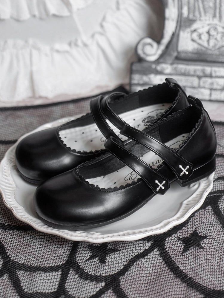 Flats Strap Embroidery Velcro Round Black Toe Cross Gothic Closures
