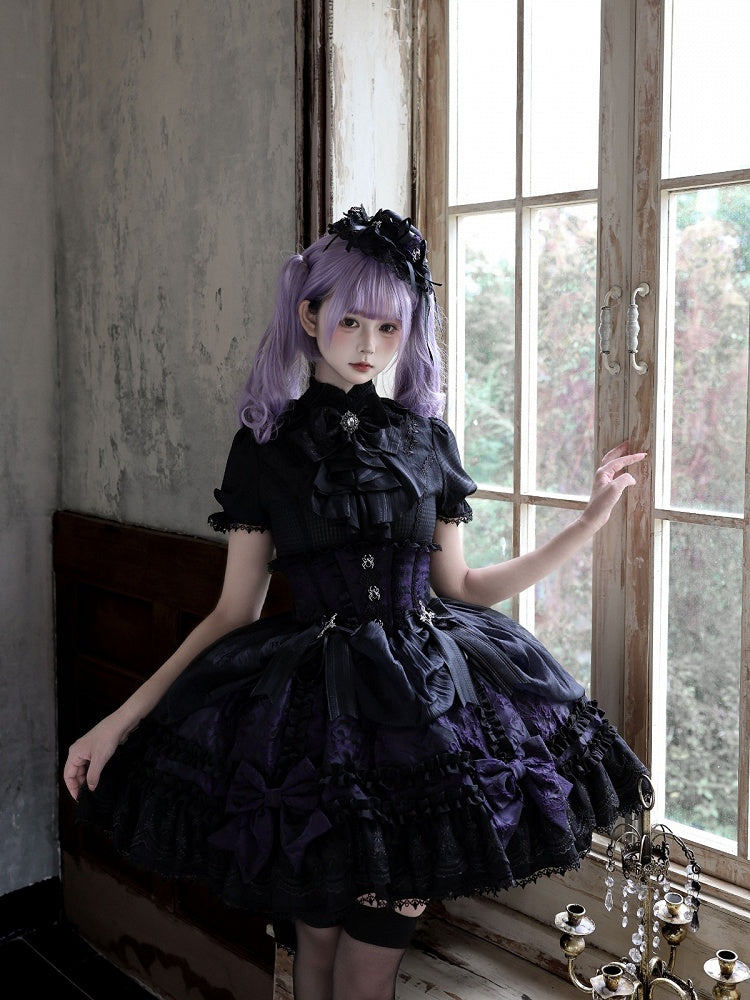 Gothic Puff Sleeve Shirt, Spider Cross, Black & Purple with Bowknot Collar - Pear Island Sweet Tea