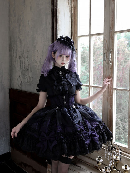 Gothic Puff Sleeve Shirt, Spider Cross, Black & Purple with Bowknot Collar - Pear Island Sweet Tea