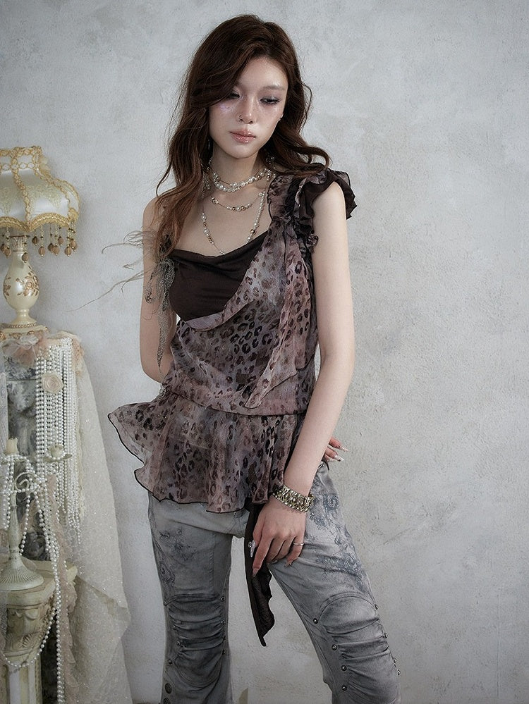 Brown Leopard Cowl-Neck Asymmetric Faux Two-Piece Dress - NO ROMANCE