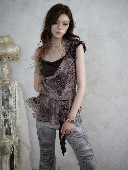 Brown Leopard Cowl-Neck Asymmetric Faux Two-Piece Dress - NO ROMANCE