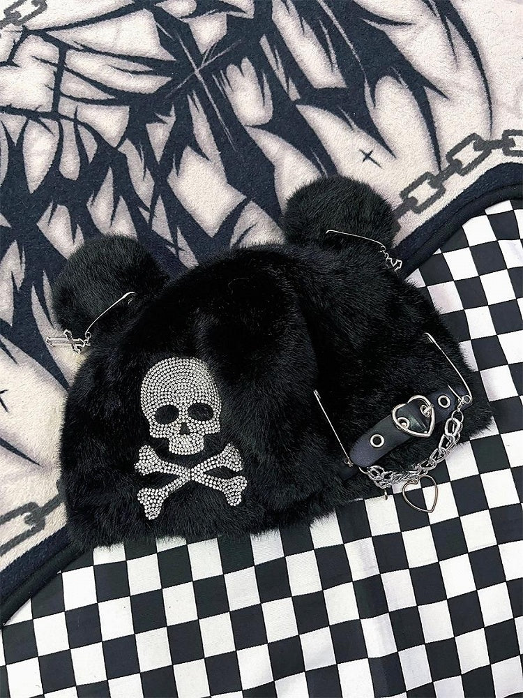 Schwarze Mütze mit Skelett-Strass und Bärenohren