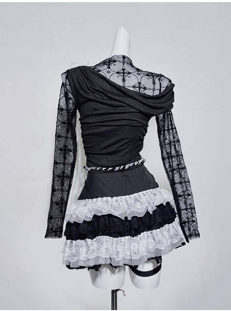 Gothic Black Illusion Neckline Contrast Lace Trim Cross Pin Top