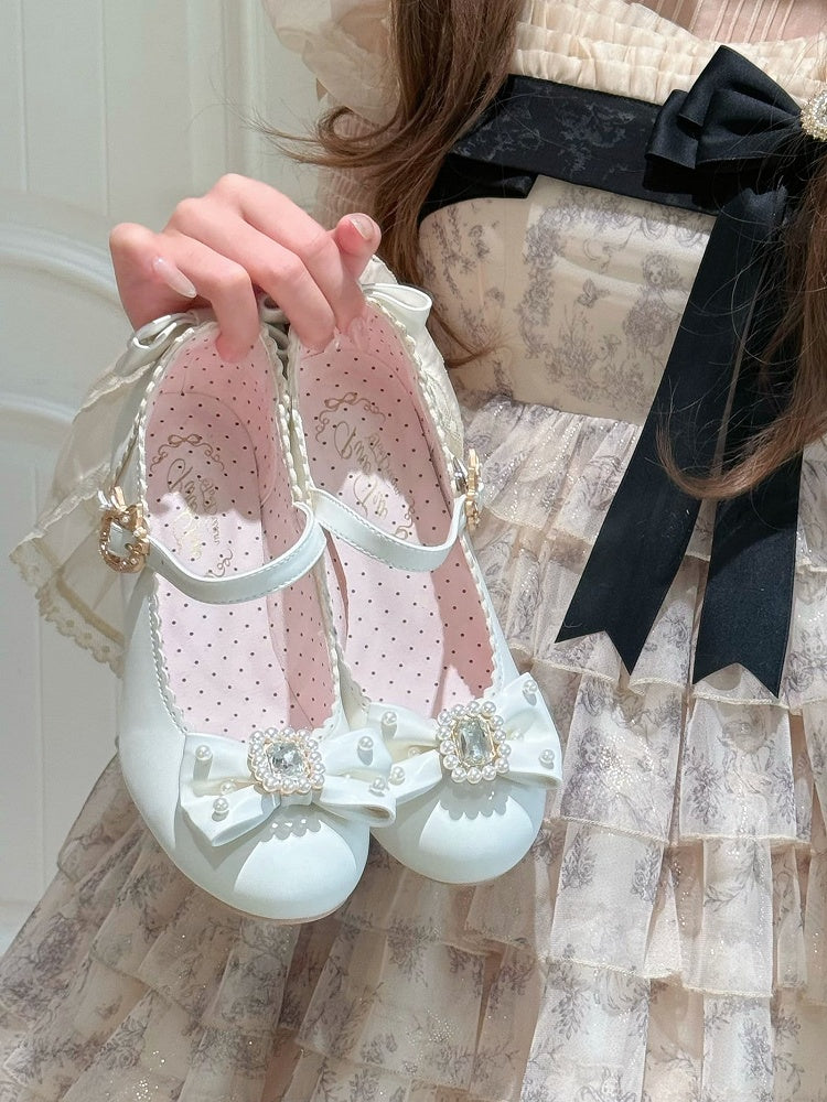 ラウンドロリータラインストーンメリートゥ装飾ディテールホワイト＆ビーズボウノットジェーンズシューズ