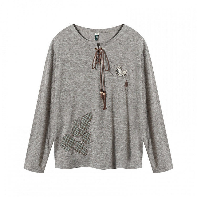 Gray Long Lace-up Shirt Embroidery Sleeve - Tie Patch Vintige Decorated Flower