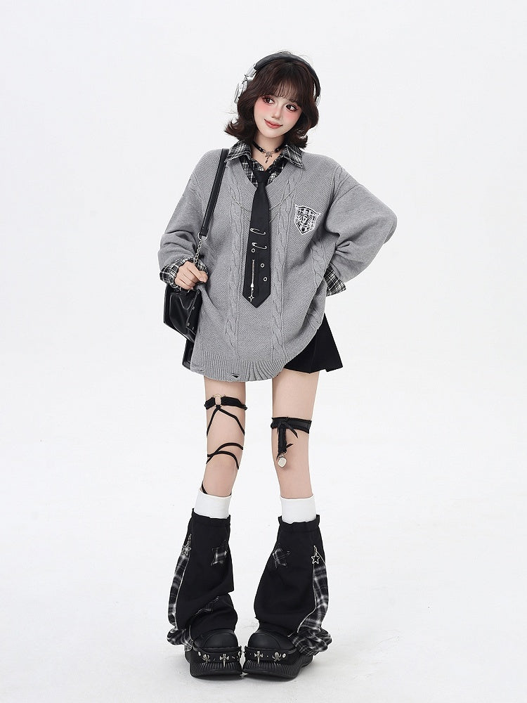 Sweater Retro Gray / Navy Academic Blue Loose Fit Plaid