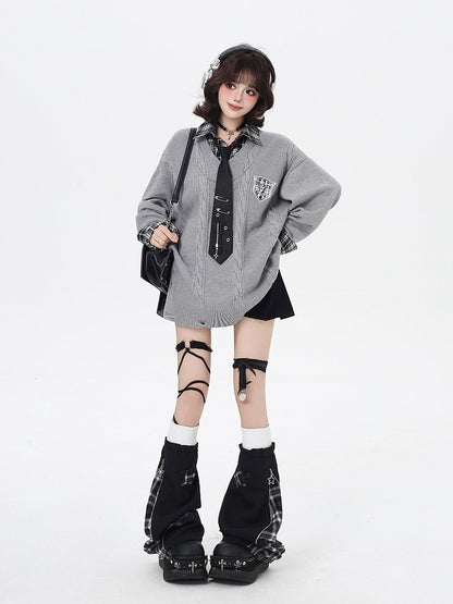 Sweater Retro Gray / Navy Academic Blue Loose Fit Plaid