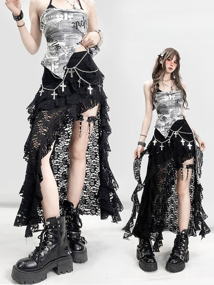 スリット入りビタースイートアシンメトリーグラマラススカート サイハイ ブラックヘムレース