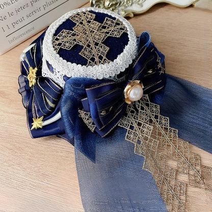 Light/Dark Blue Idol Lolita Cross Embroidered  Star And Beaded Decorated Bowknot Details  Mini Hat