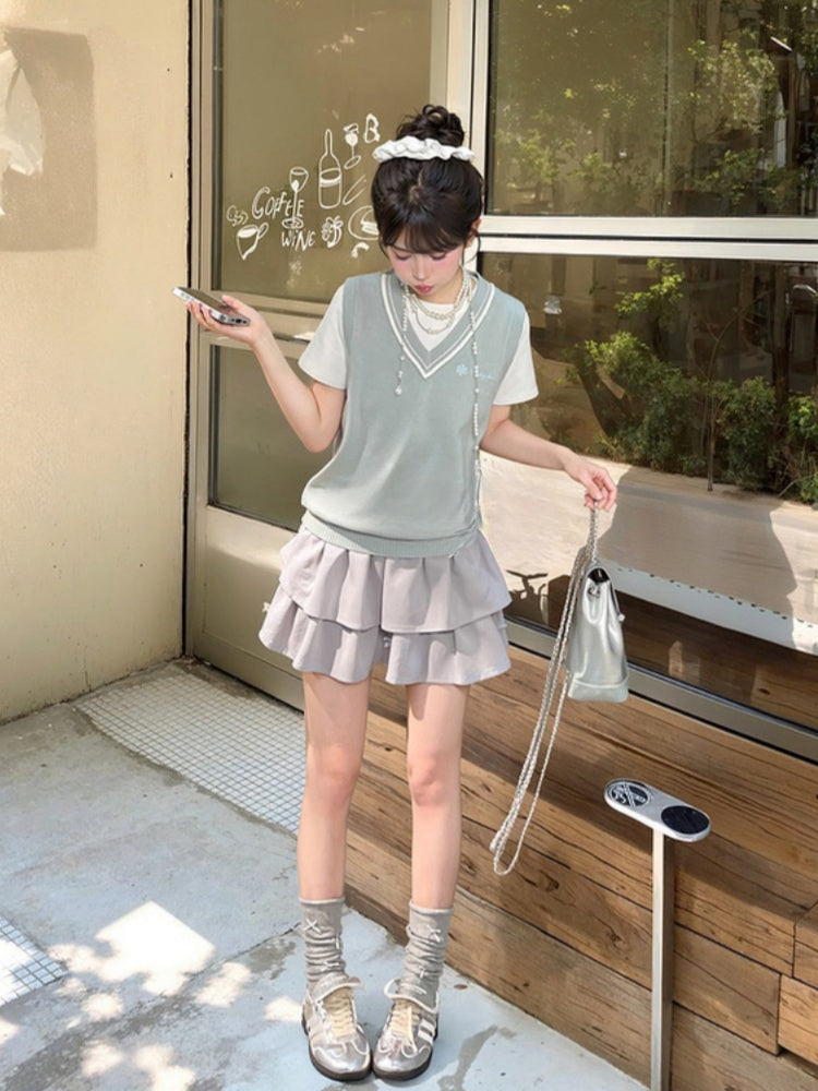 Green V-Neck Preppy JK Uniform Knitted Vest Light