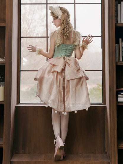 Green Jacquard Boned Bodice Pink Carousel Pattern Skirt Lolita Dress with Big Bow Train